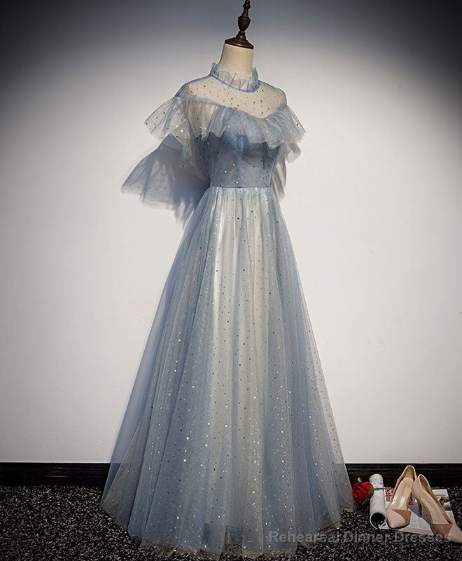 Light Gray Blue Tulle Lace Long Prom Dress, Gray Blue Tulle Evening Dress Main image