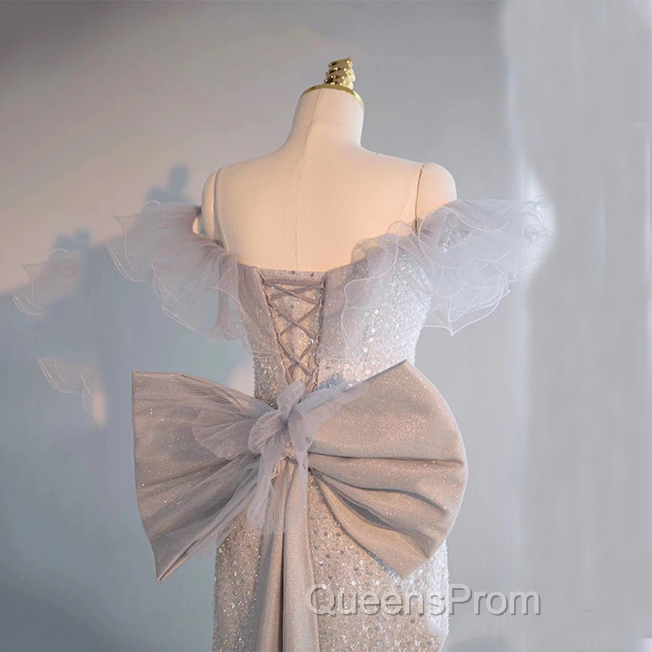 Light Gray Sequins Off the Shoulder Evening Prom Dress