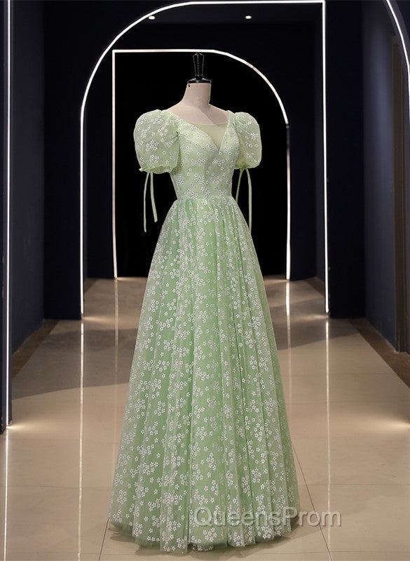Light Green Floral V-Neckline Short Sleeves Party Dress, A-Line Green Formal Dress Secondary image