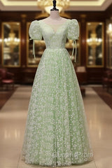 Light Green Floral V-Neckline Short Sleeves Party Dress, A-Line Green Formal Dress