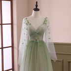Light Green Long Sleeves Gradient Tulle Party Dress, Green Floor Length Classy Prom Dress