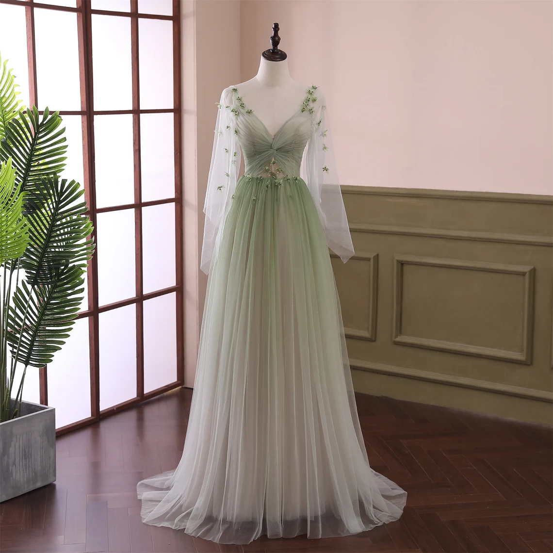 Light Green Long Sleeves Gradient Tulle Party Dress, Green Floor Length Classy Prom Dress