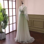 Light Green Long Sleeves Gradient Tulle Party Dress, Green Floor Length Classy Prom Dress