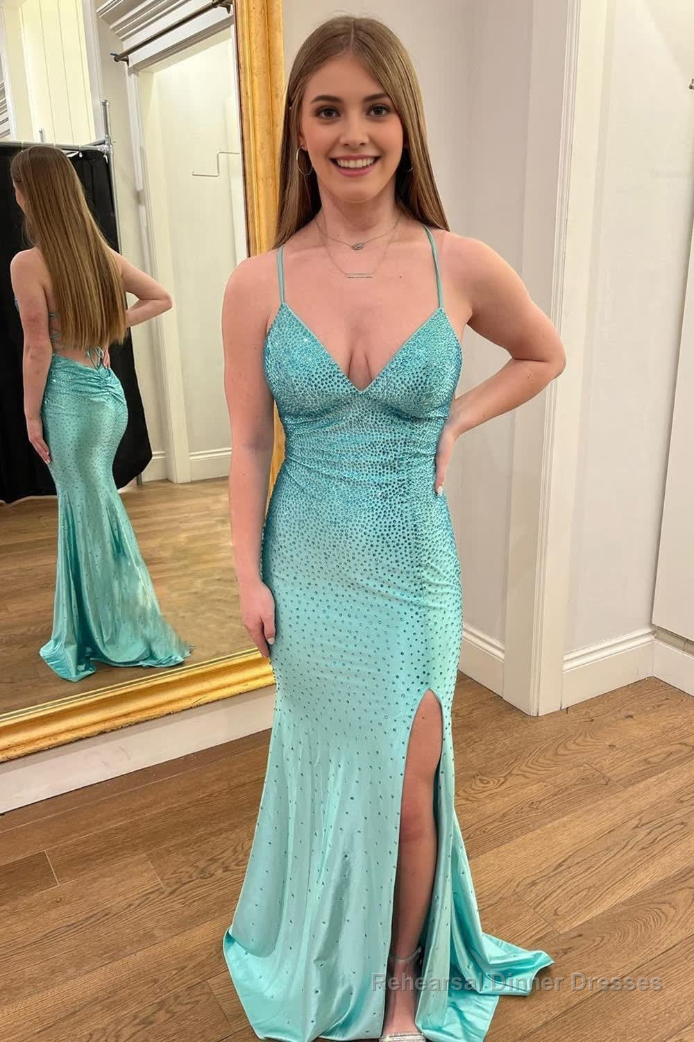 Light Green Mermaid Lace-Up Long Prom Dress with Beading Main image