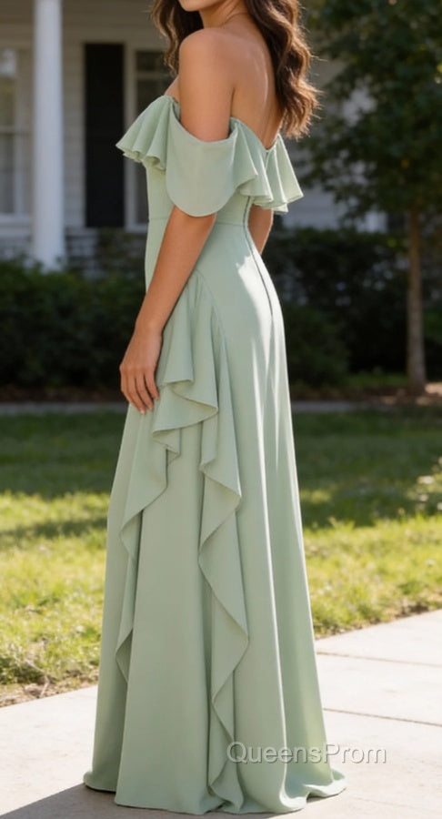 Light Green Mermaid Off the Shoulder Ruffled Bridesmaid Dress with Slit