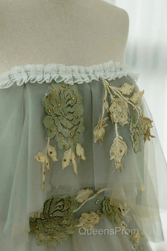 Light Green Off Shoulder Tulle Long Evening Prom Dress A-Line Green Party Dress