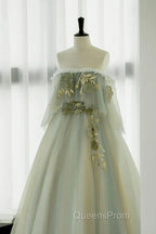 Light Green Off Shoulder Tulle Long Evening Prom Dress A-Line Green Party Dress