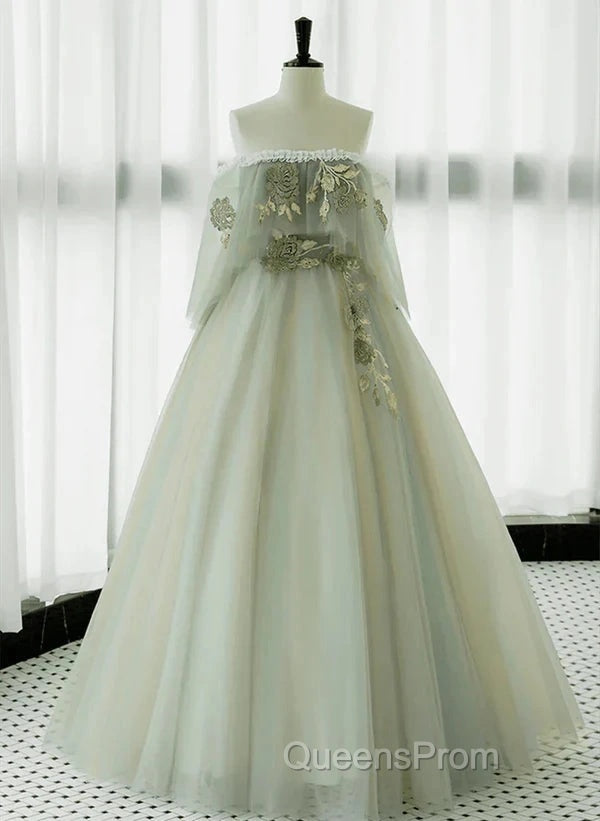 Light Green Off Shoulder Tulle Long Evening Prom Dress A-Line Green Party Dress