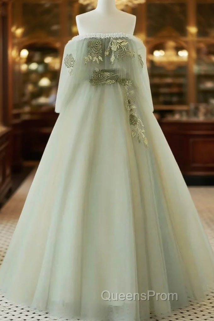 Light Green Off Shoulder Tulle Long Evening Prom Dress A-Line Green Party Dress Main image
