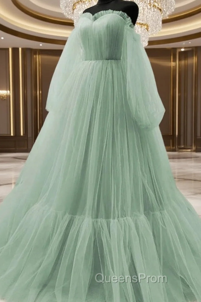 Light Green Puffy Sleeves Tulle Long Formal Dress, Light Green Evening Prom Dress Main image