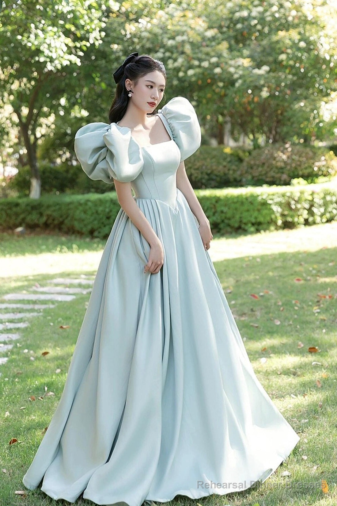 Light Green Satin Long A-Line Princess Dress, Cute Short Puff Sleeves Evening Party Dress Main image