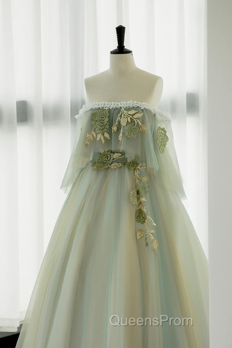 Light Green Scoop Off Shoulder A-Line Tulle Evening Prom Dress, Light Green Evening Dress Secondary image