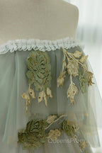 Light Green Scoop Off Shoulder A-Line Tulle Evening Prom Dress, Light Green Evening Dress