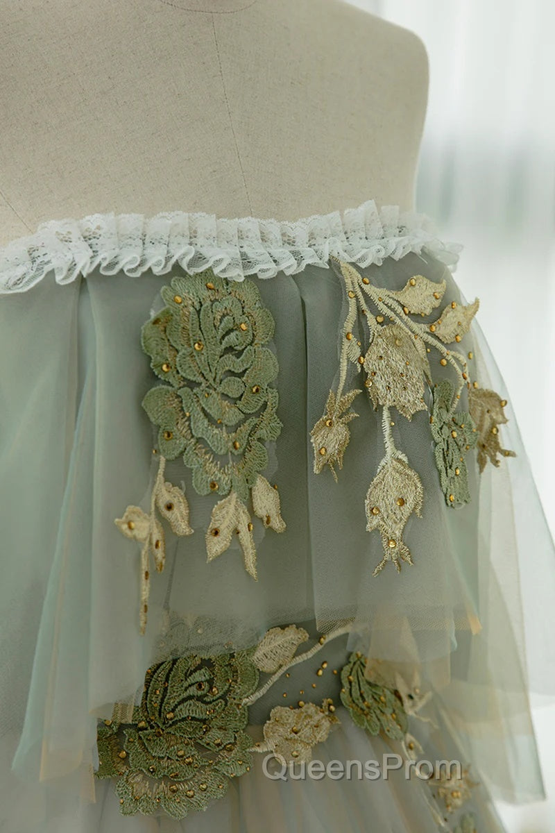Light Green Scoop Off Shoulder A-Line Tulle Evening Prom Dress, Light Green Evening Dress