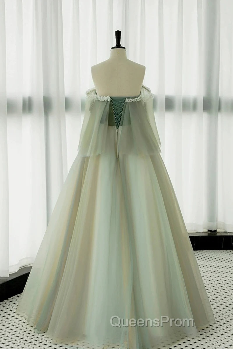Light Green Scoop Off Shoulder A-Line Tulle Evening Prom Dress, Light Green Evening Dress