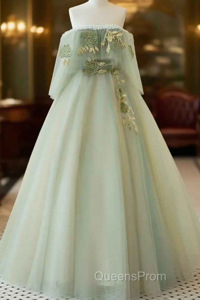 Light Green Scoop Off Shoulder A-Line Tulle Evening Prom Dress, Light Green Evening Dress Main image