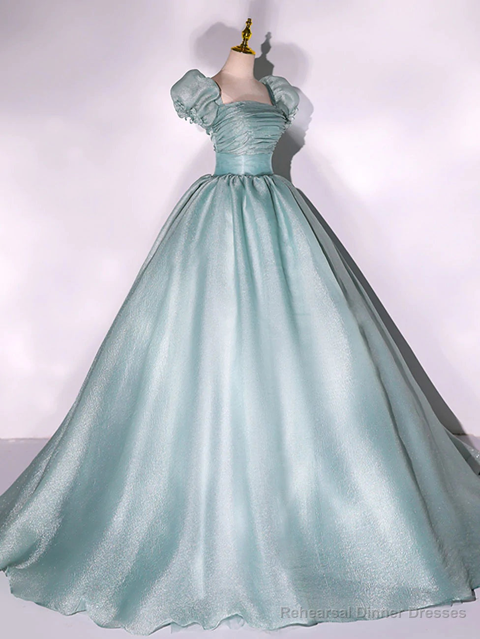 Light Green Short Sleeves Long Sweet 16 Dress, Green Scoop Prom Dress Main image