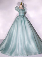 Light Green Short Sleeves Long Sweet 16 Dress, Green Scoop Prom Dress