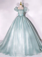 Light Green Short Sleeves Long Sweet 16 Dress, Green Scoop Prom Dress