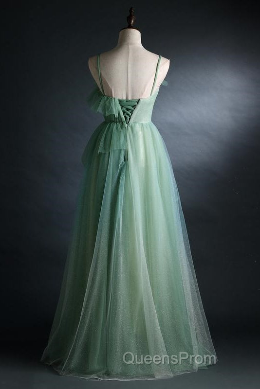 Light Green Straps Tulle Floor Length A-Line Evening Prom Dress, Tulle Scoop Party Dress Formal Dress