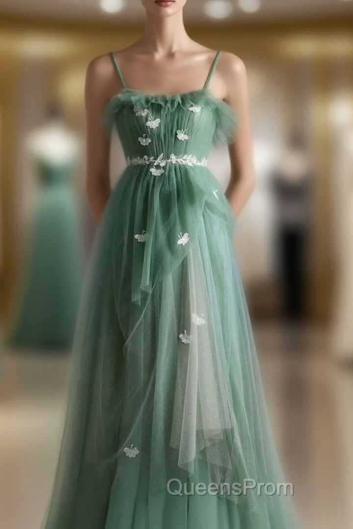 Light Green Straps Tulle Floor Length A-Line Evening Prom Dress, Tulle Scoop Party Dress Formal Dress Main image