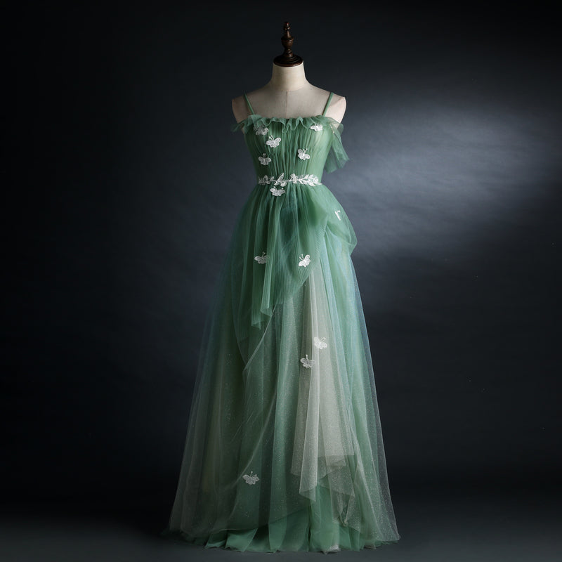 Light Green Straps Tulle Floor Length A-Line Classy Prom Dress, Tulle Scoop Party Dress Classy Dress