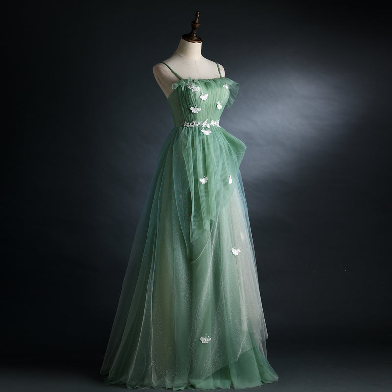 Light Green Straps Tulle Floor Length A-Line Classy Prom Dress, Tulle Scoop Party Dress Classy Dress
