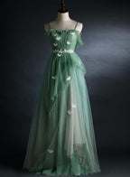 Light Green Straps Tulle Floor Length A-Line Classy Prom Dress, Tulle Scoop Party Dress Classy Dress