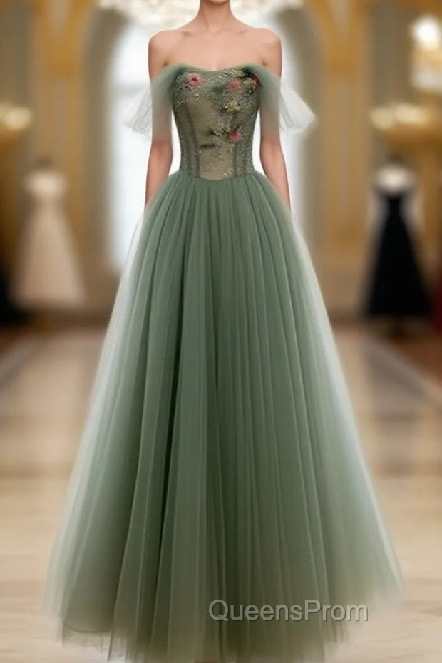 Light Green Sweetheart A-Line Evening Prom Dress, Green Long Party Dress With Lace Applique Main image