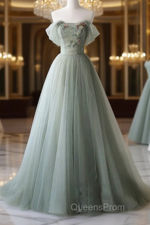 Light Green Sweetheart Beaded And Flowers Party Dress, Tulle Green Formal Dress Main image