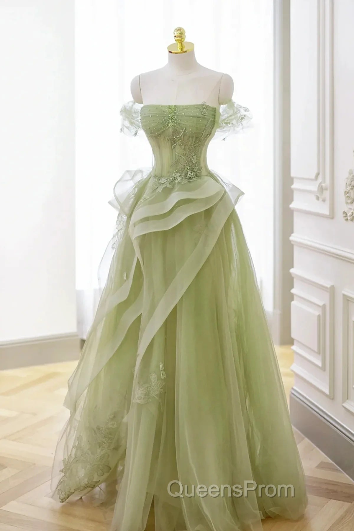 Light Green Sweetheart Beaded Off Shoulder Party Dress, Light Green Tulle Evening Prom Dress Secondary image