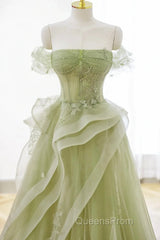 Light Green Sweetheart Beaded Off Shoulder Party Dress, Light Green Tulle Evening Prom Dress