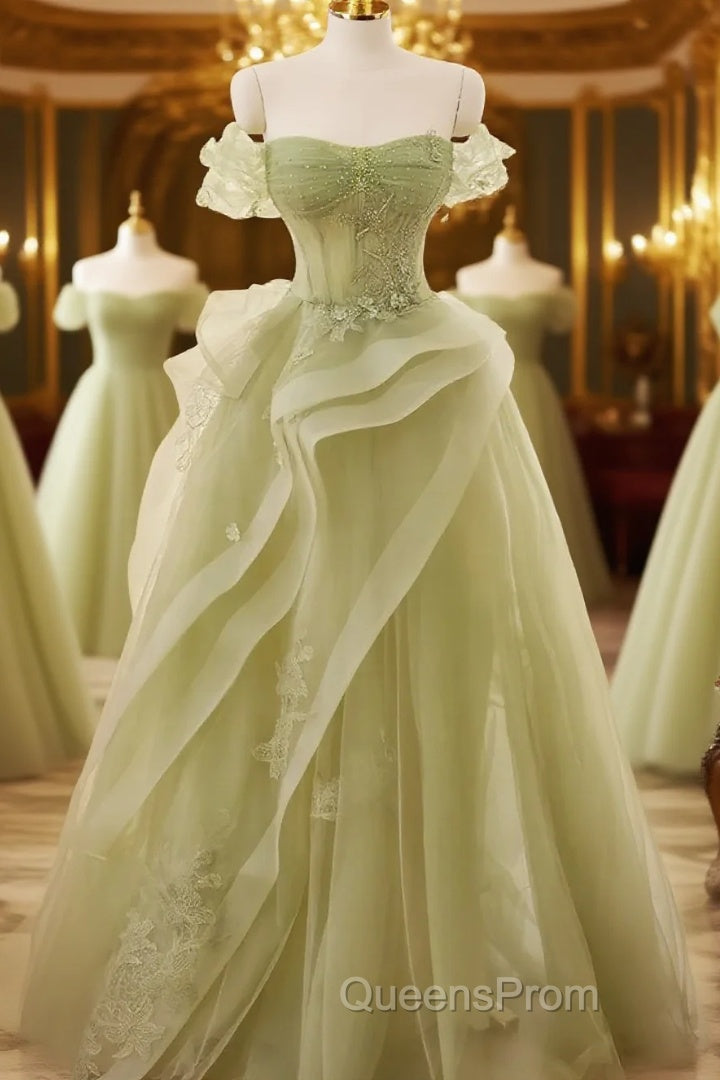 Light Green Sweetheart Beaded Off Shoulder Party Dress, Light Green Tulle Evening Prom Dress Main image