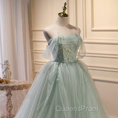 Light Green Tulle Beaded Ball Gown Off Shoulder Party Dress, Green Sweet 16 Dress