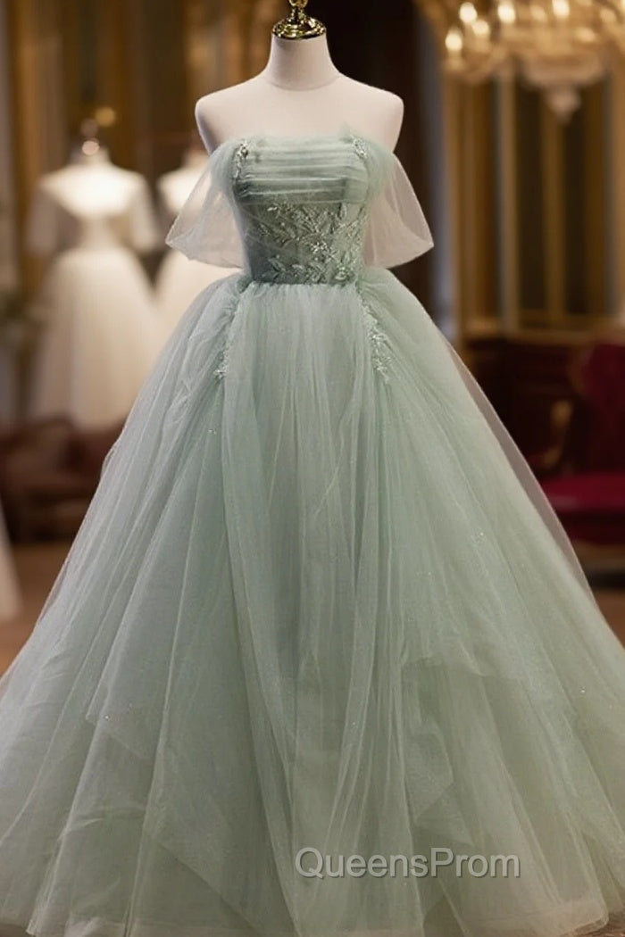 Light Green Tulle Beaded Ball Gown Off Shoulder Party Dress, Green Sweet 16 Dress Main image