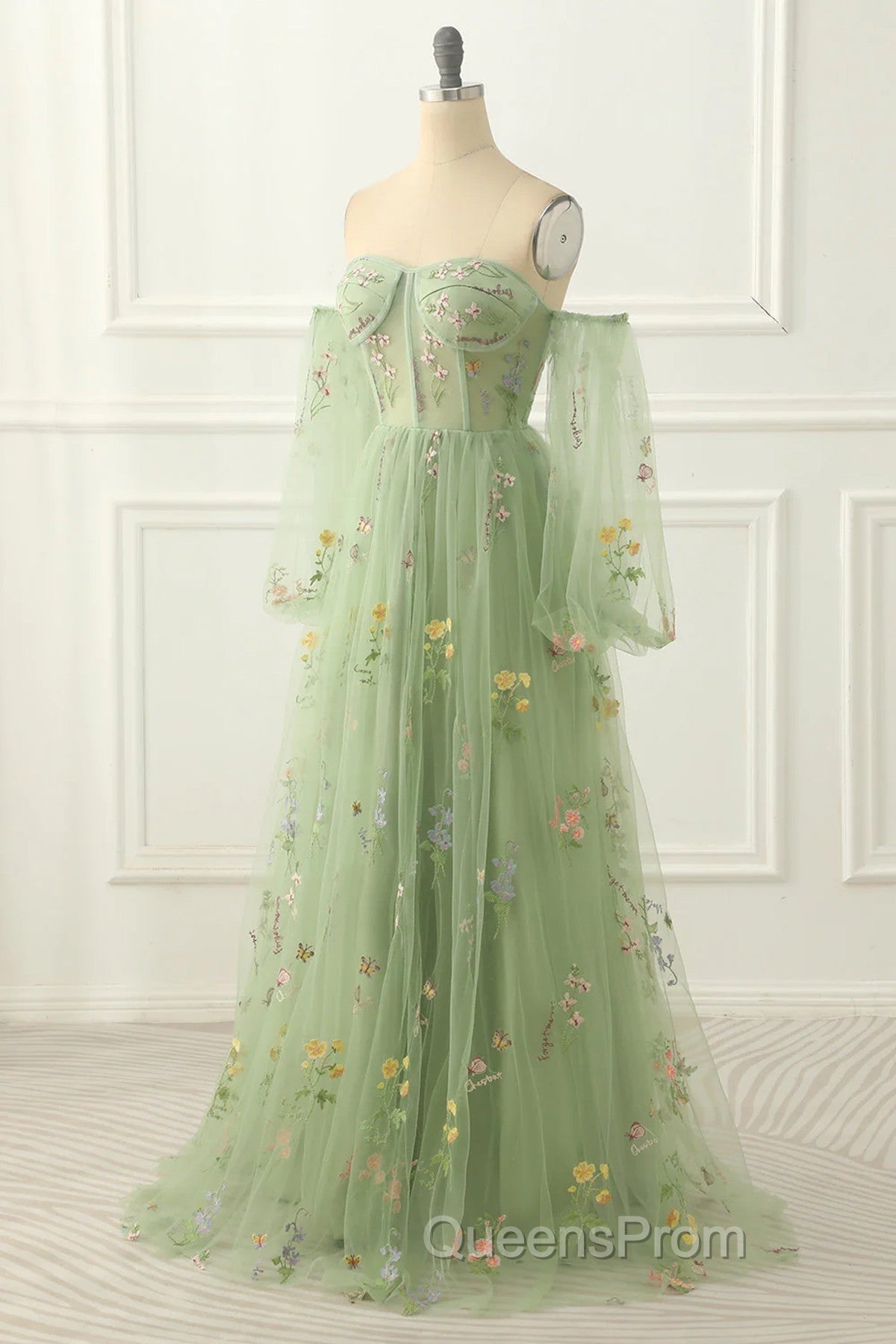 Light Green Tulle Floral Sleeves Long Party Dress, A-Line Light Green Evening Prom Dress Secondary image