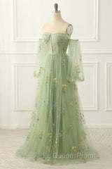 Light Green Tulle Floral Sleeves Long Party Dress, A-Line Light Green Evening Prom Dress