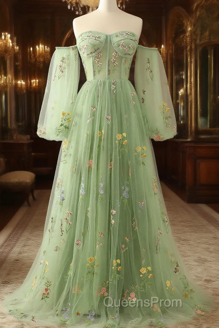 Light Green Tulle Floral Sleeves Long Party Dress, A-Line Light Green Evening Prom Dress Main image