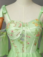 Light Green Tulle Floral Straps Long Evening Dress, Light Green Evening Prom Dress