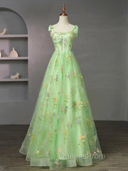 Light Green Tulle Floral Straps Long Evening Dress, Light Green Evening Prom Dress