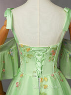Light Green Tulle Floral Straps Long Evening Dress, Light Green Evening Prom Dress