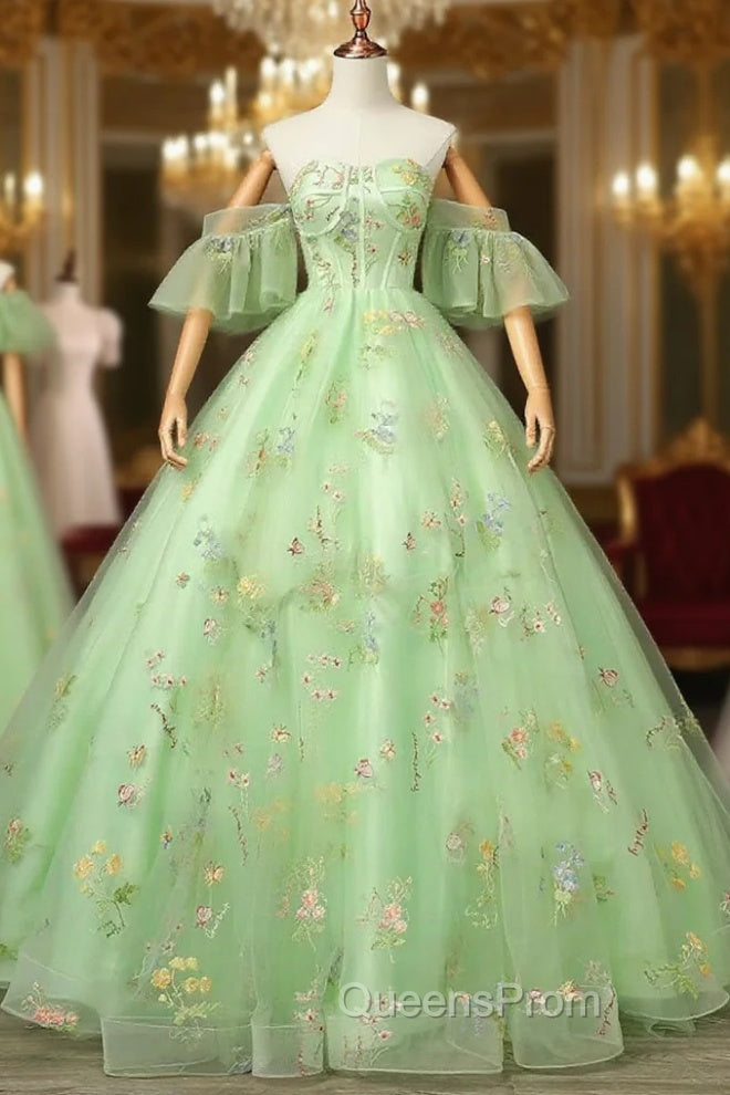 Light Green Tulle Floral Straps Long Evening Dress, Light Green Evening Prom Dress Main image