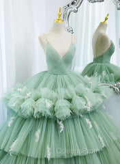 Light Green Tulle Layers Low Back Evening Prom Dress, Light Green Sweet 16 Dress