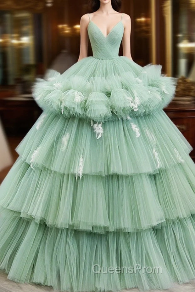 Light Green Tulle Layers Low Back Evening Prom Dress, Light Green Sweet 16 Dress Main image