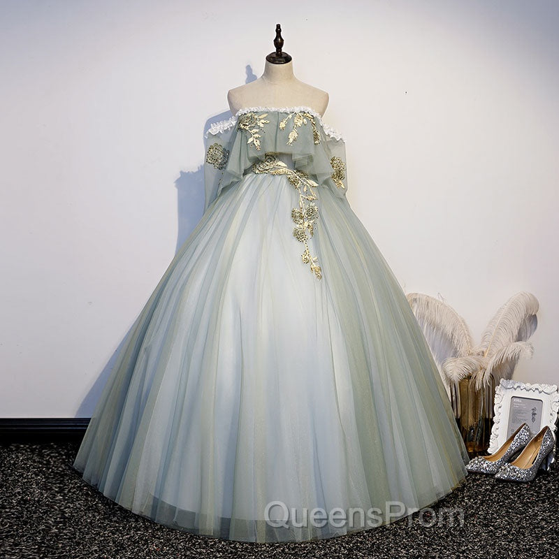 Light Green Tulle Long Party Dress Sweet 16 Dress, Off Shoulder Evening Prom Dress Secondary image