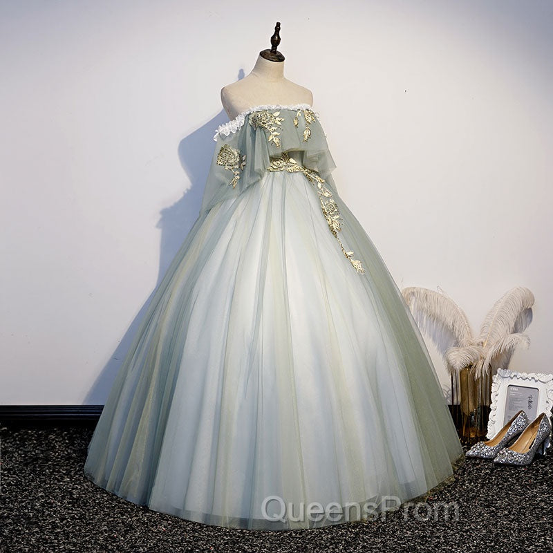Light Green Tulle Long Party Dress Sweet 16 Dress, Off Shoulder Evening Prom Dress