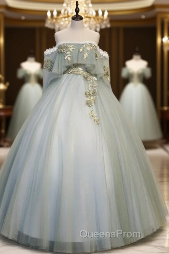 Light Green Tulle Long Party Dress Sweet 16 Dress, Off Shoulder Evening Prom Dress Main image