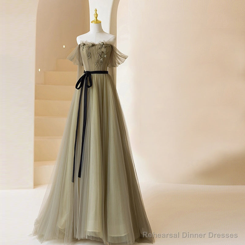 Light Green Tulle Off Shoulder with Flowers A-line Prom Dress, Green Evening Gowns Main image