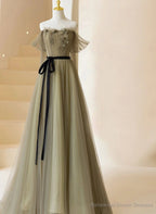 Light Green Tulle Off Shoulder with Flowers A-line Prom Dress Green Evening Gowns prom dresses shops