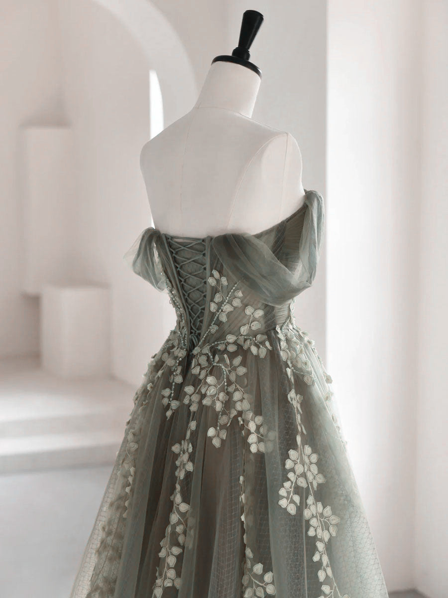 Light Green Tulle Sweetheart A-Line Long Party Dress, Tulle Off Shoulder Classy Prom Dress